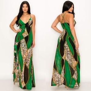 Emerald Green Ruffled Leopard Maxi Dress